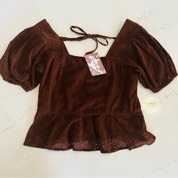 BAND OF THE FREE Palmer Eyelet Lace Walnut Brown Boho Peplum Top NWT Medium - Picture 2 of 8
